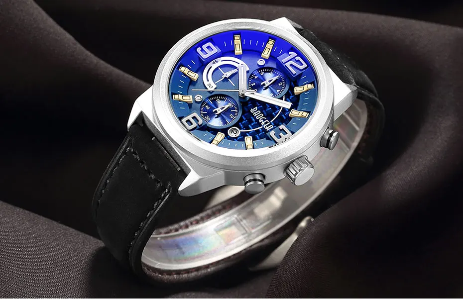 Baogela Мужские кварцевые часы с хронографом, повседневные аналоговые наручные часы с кожаным ремешком для мужчин и мальчиков, водонепроницаемые 1709G-1