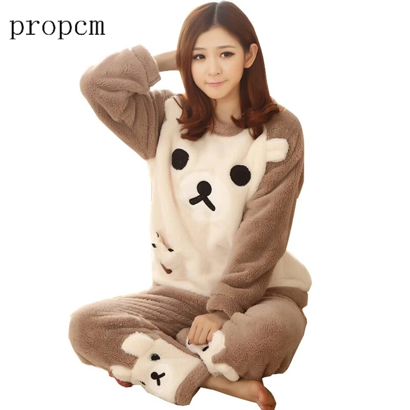 Image Autumn and Winter Women Pyjamas Sets Thick Warm Coral Velvet Suit Flannel Long Sleeve Female Cartoon Bear Animal Pants Sleepwear