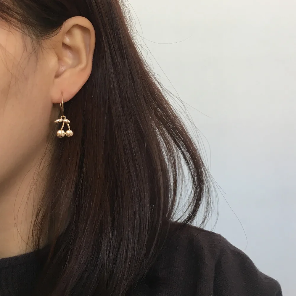

TRENDY WOMEN EARRINGS GOLD COLOR PLATING SMALL CHERRY HOOP EARRINGS