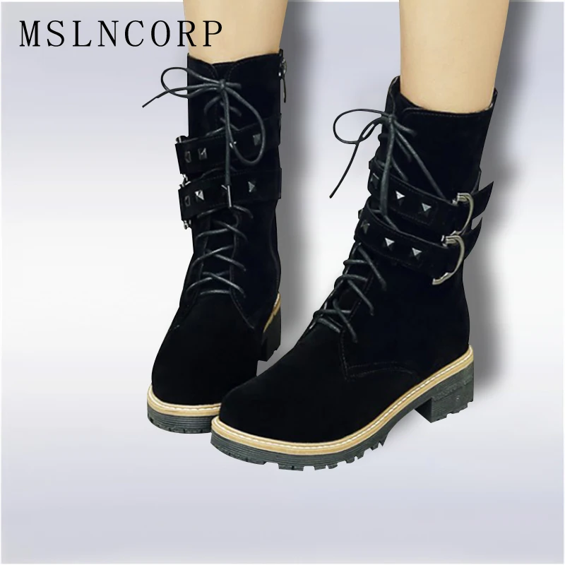 

Size 34-43 New Fashion Style Black Buckle Ankle Boots Flats Round Toe Zip Martin Boots Nubuck Woman Shoes Warm Plush Snow Boots