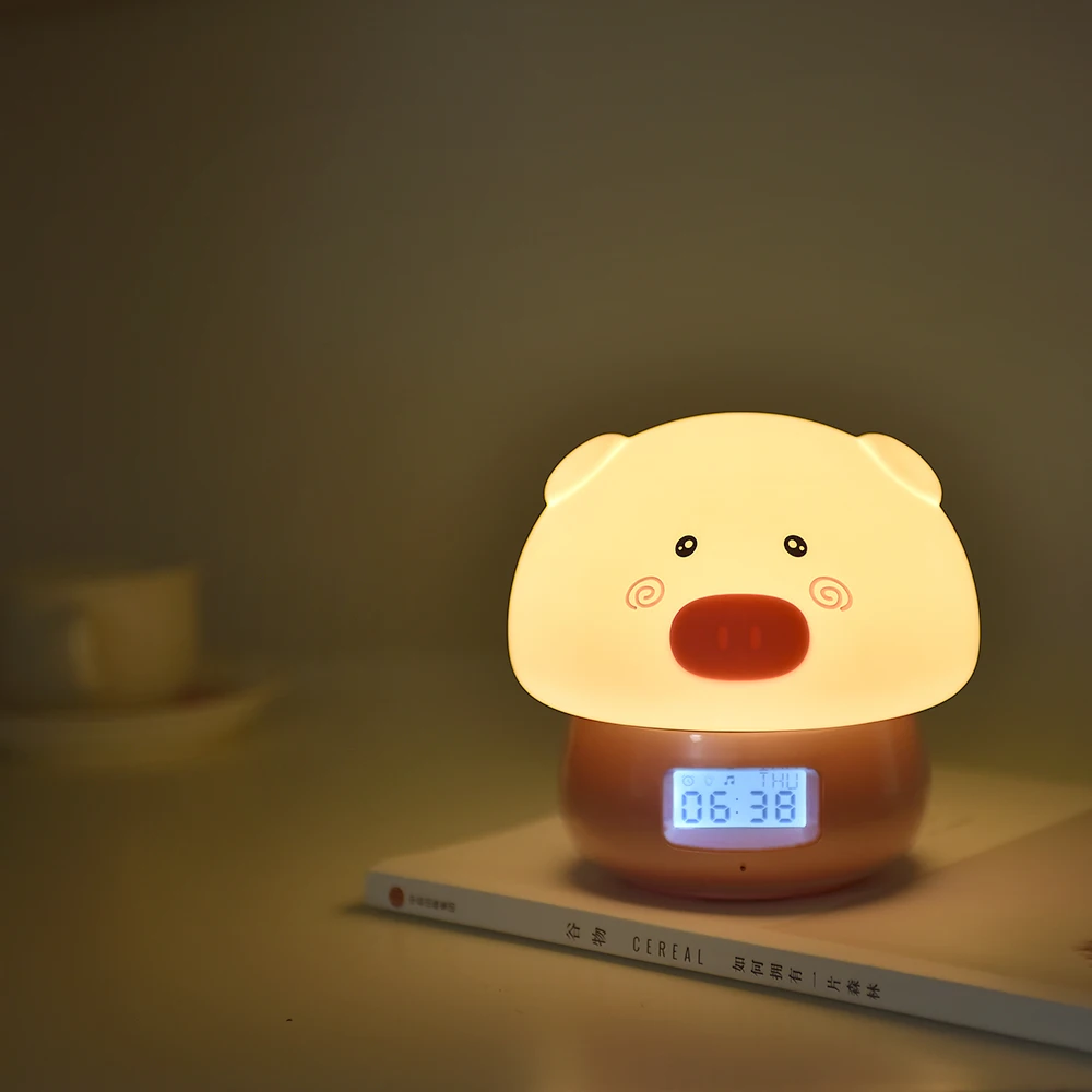 3 in 1 Pig LED Night Light with Alarm Clock Recorder Remote Touch Sensor Colorful USB Silicone Children Kids Baby Bedside Lamp (21)