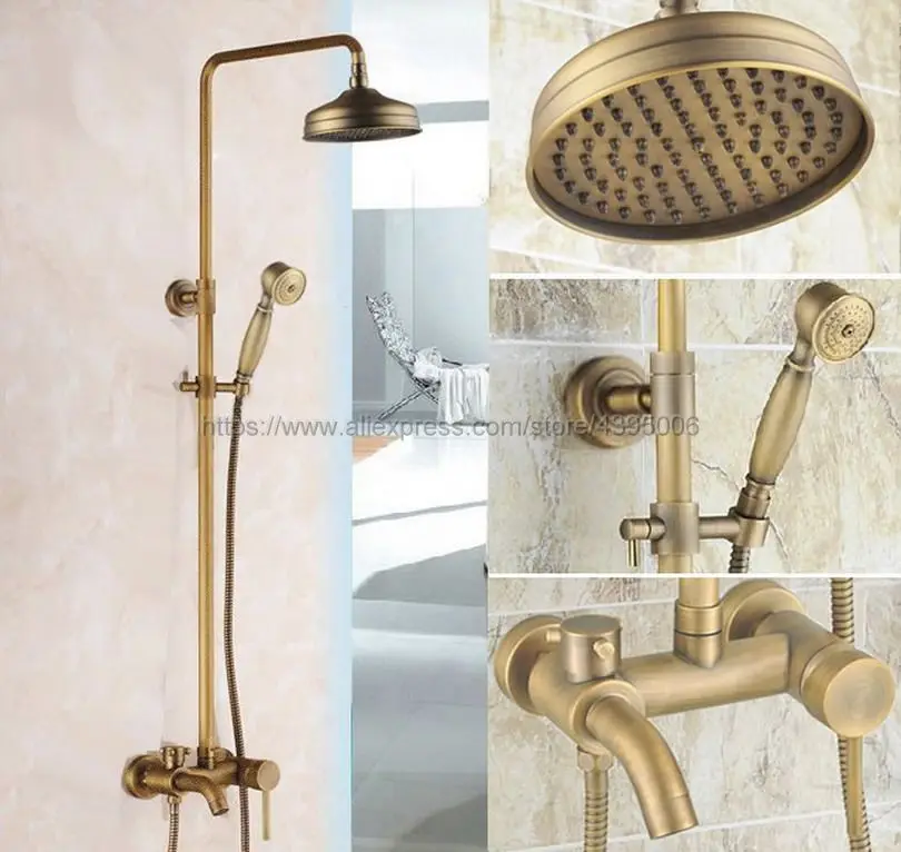Antique Brass Shower Bath Faucet Sets Wall Mounted EXposed 8" Rainfall