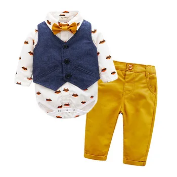 

DHl 50set Autumn infant clothing Baby Suit Baby Boys Clothes Gentleman Bow Tie Rompers + Vest + pants Baby Set