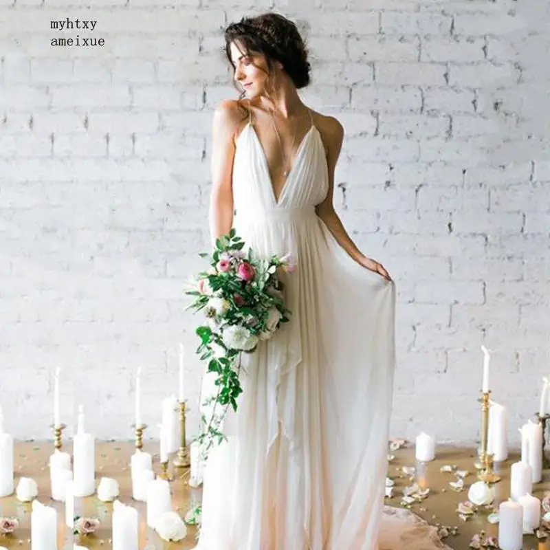 

Simple Boho Cheap Wedding Dress Beach 2019 Robe De Mariee Plunging Sexy Spaghetti Straps Bridal Dress Chiffon Wedding Dresses