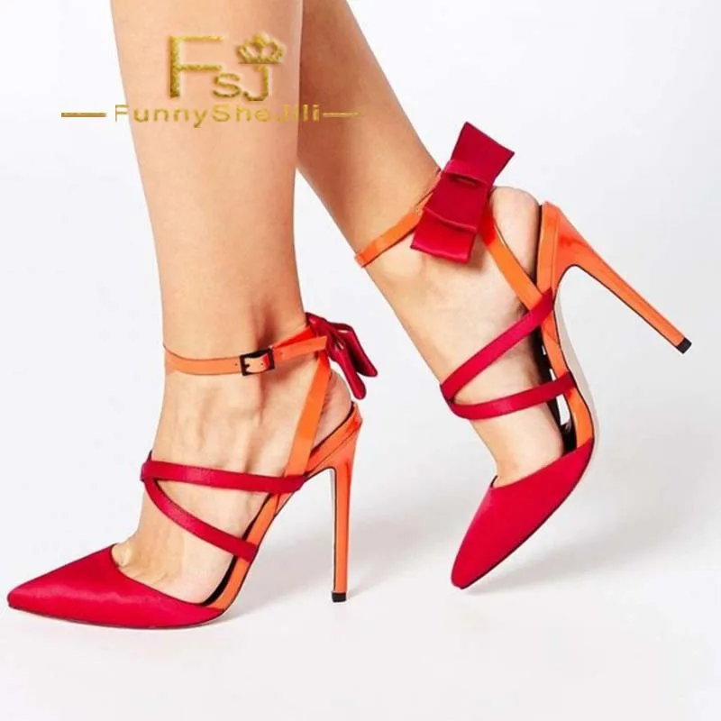Red and orange two tone closed toe sandals ankle strap bow heels Red and orange two tone closed toe sandals ankle strap bow heels