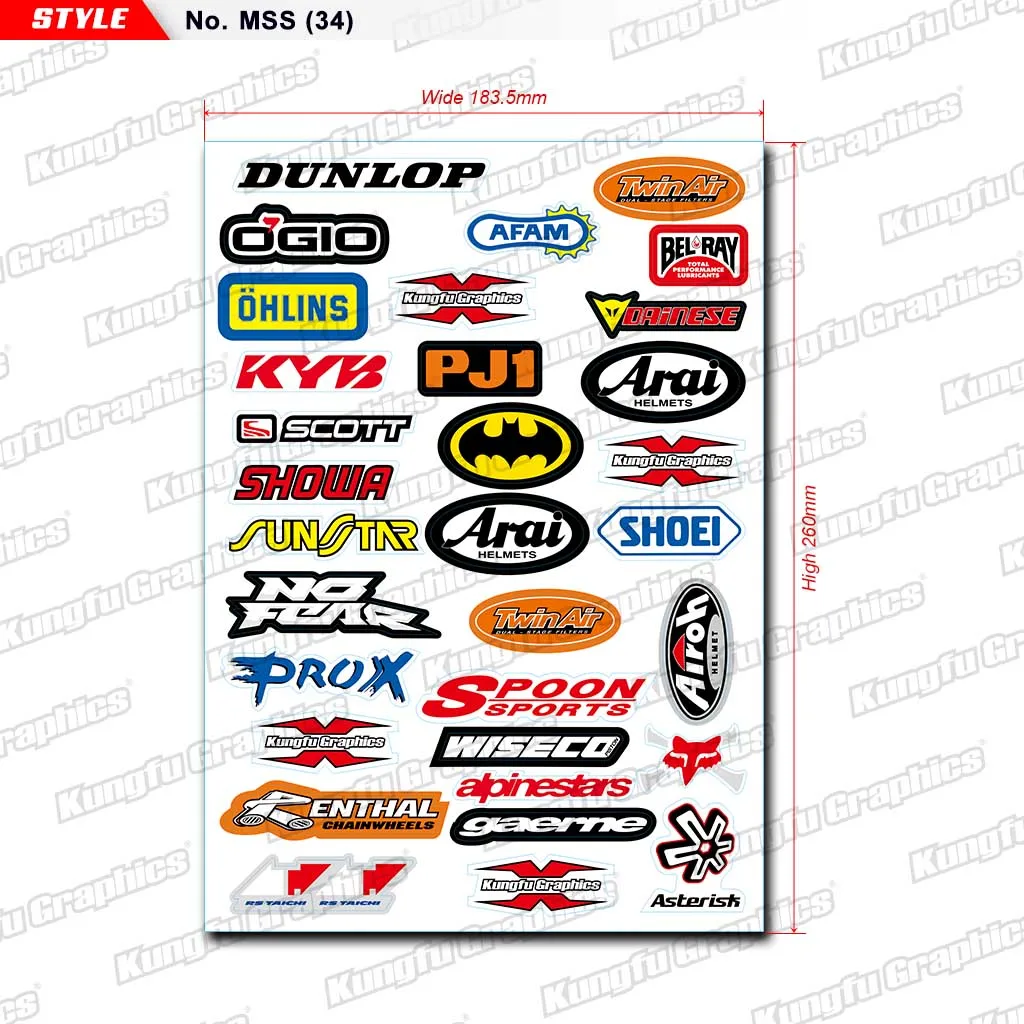 Кунг-фу графика спонсор мотокросса тюнинг мотоцикл наклейки Лист декоративный набор для автомобиля ATV шлем Dirt Bike 18*26 см - Цвет: MSS (34)