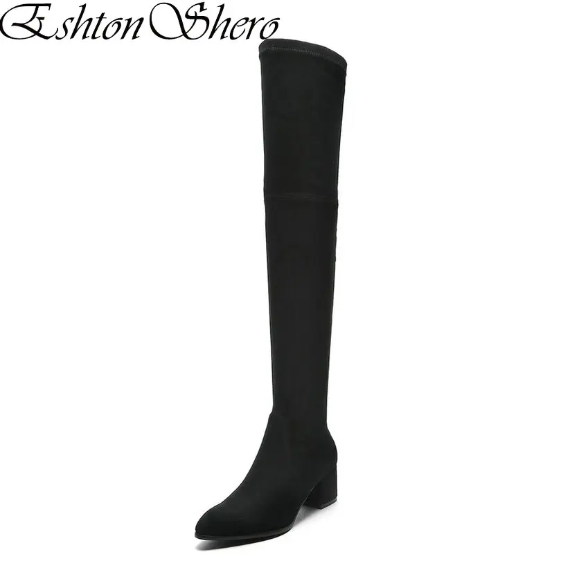 

EshtonShero Shoes Woman Over The Knee Boots Flock Elastic High Heesls Zipper Women Platform Ladies Motorcycle Boot Size 34-39