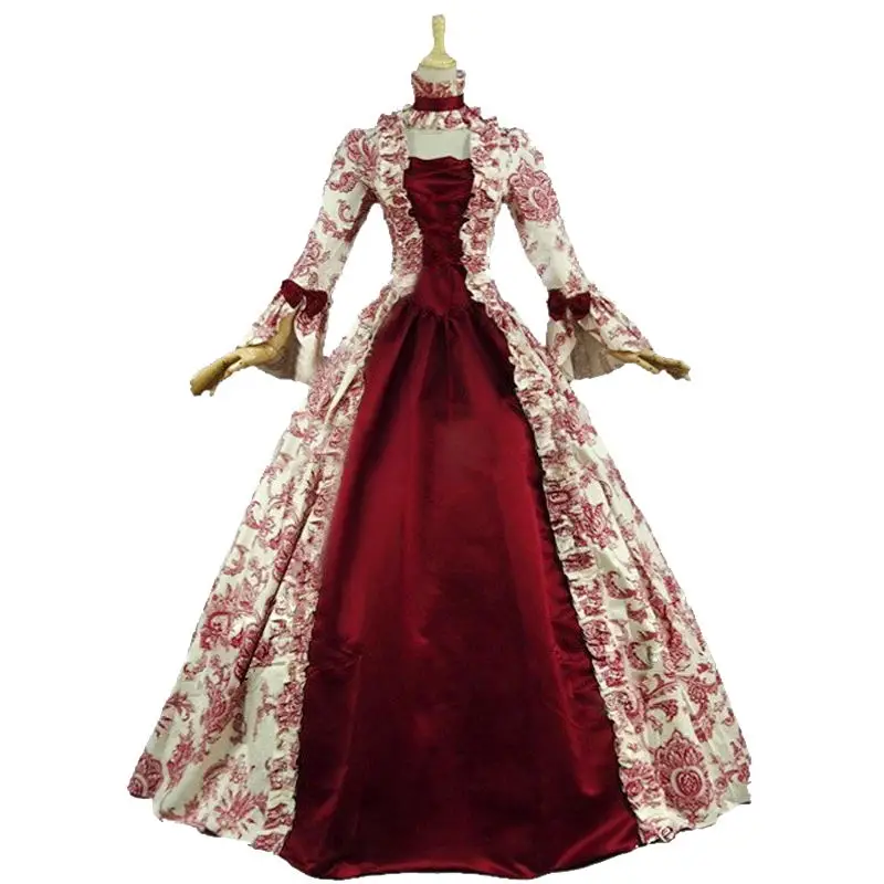 

18th Century Retro Gothic Victorian Party Dresses Red Floral Square Collar Long Sleeve Steampunk Period Ball Gowns Customized