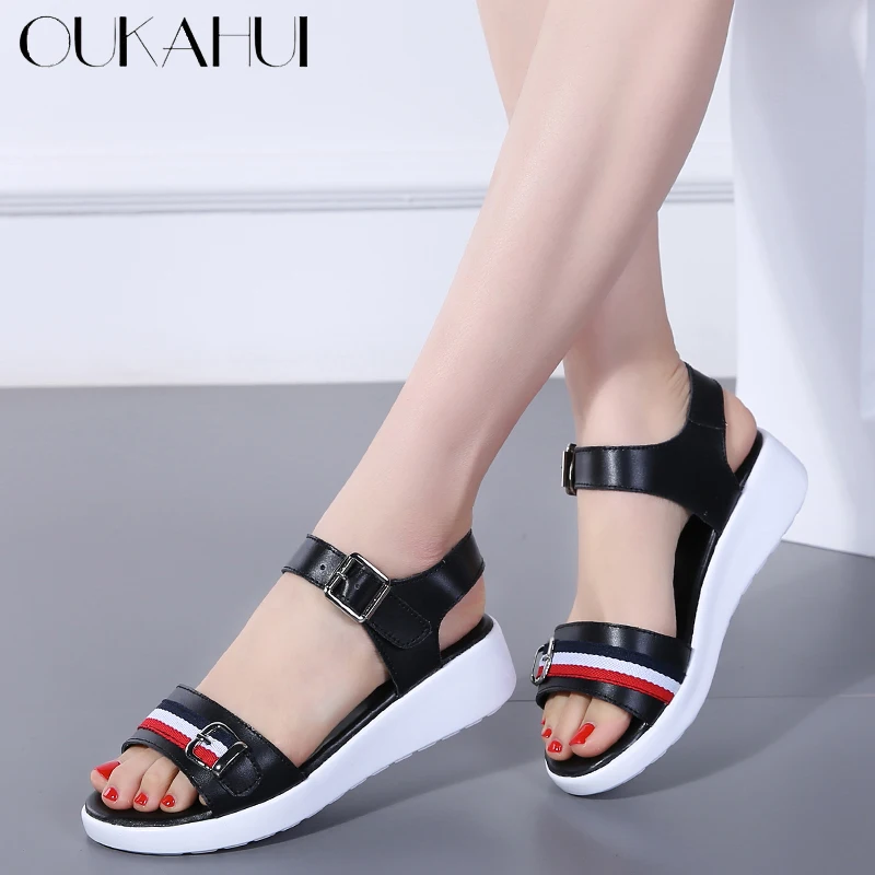 

OUKAHUI Fashion Mixed Colour Genuine Leather Summer Casual Flat Platform Sandals Women 2019 Buckle Ankle Strap Sandals Women 4CM