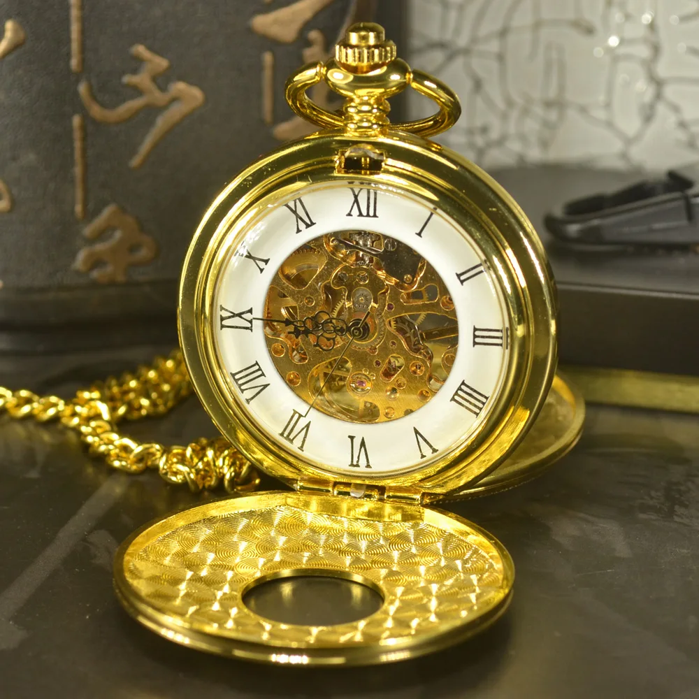 

TIEDAN Double Face SteampunkMen Antique Luxury Brand Necklace Chain Gold Pocket & Fob Watch Skeleton Mechanical Pocket Watches