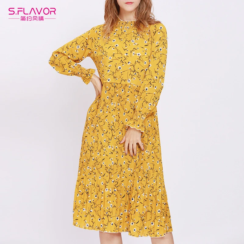 

S.FLAVOR 2018 Autumn New Floral Print Casual Dress Women Long Sleeve Loose Mid Dress Vintage Elegant Casual Dresses