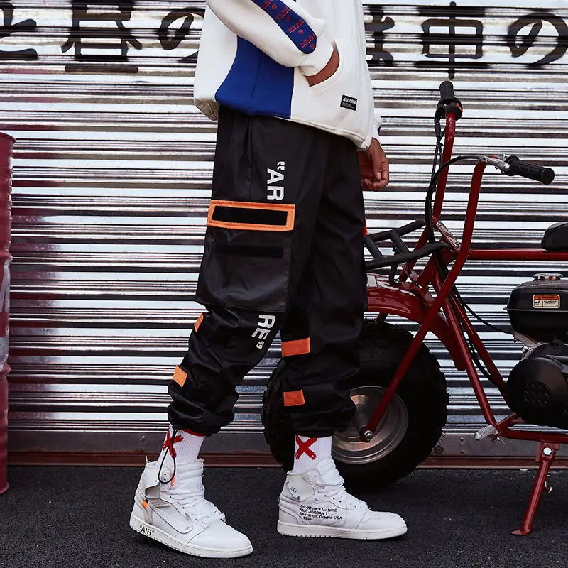 Брюки-карго в стиле хип-хоп; винтажные штаны-шаровары в стиле ретро; Штаны для бега в стиле Харадзюку; уличная одежда; брюки с боковыми карманами; ; тактические брюки с лентой