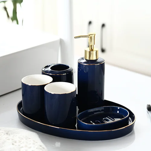 Темно-синий Пномпень керамический набор для ванной Европейский набор для мытья ванной 6 шт набор держатель для зубной щетки бутылка для лосьона с керамическим поддоном - Цвет: 1
