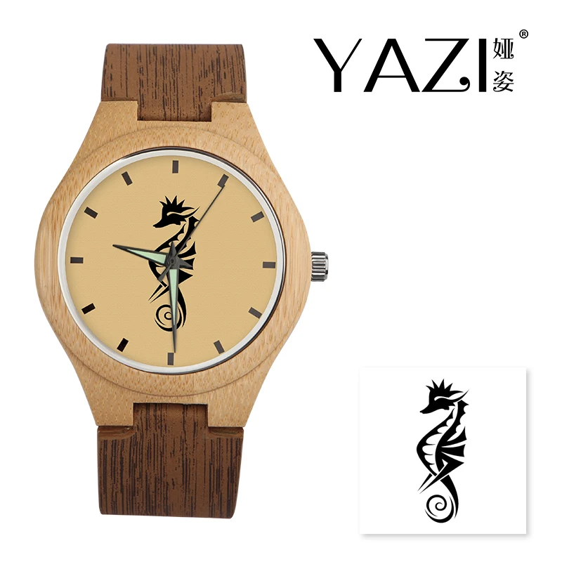 

YAZI DIY Wooden Watch Sea Horse Lucky Logo Quartz Watch Natural Bamboo Wood Case Wrist Watches Wood Stripe Band Gift For Friend