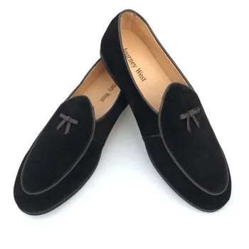 New 2017 Mens Leather Loafers Black Suede Slippers Belgian Dress Shoes Casual Men Loafers With Bowtie Men's Flats Plus Size 7-13