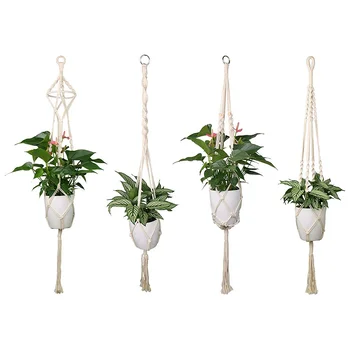 

4pcs Indoor Outdoor Hanging Plant Holder Basket Linen Rope Wall Hanging Bag Flowerpot String Mesh Net Nacelle Pot Gardening