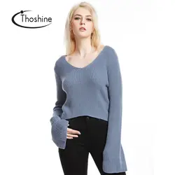 Thoshine бренд Демисезонный Для женщин Вязание тонкий Свитеры для женщин глубокий v-образный вырез Flare рукавом Пуловеры для женщин женские