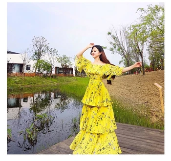 

Runway Beach Dress 2018 Women Summer Off Shoulder Yellow Floral Printed Ruffles Chiffon Maxi Dress Bohemian Pleated Long Dress