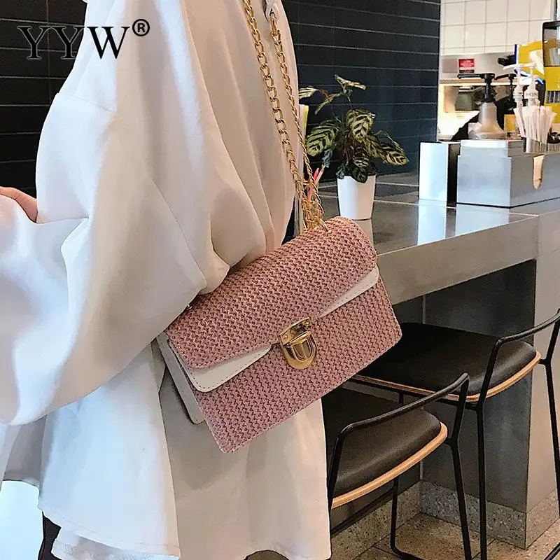 

2019 Lady Summer Straw Cross Body Bag Pink Black White Khaki Crossbody Shoulder Bag Chain Strap Women Bag for Work Everyday Use