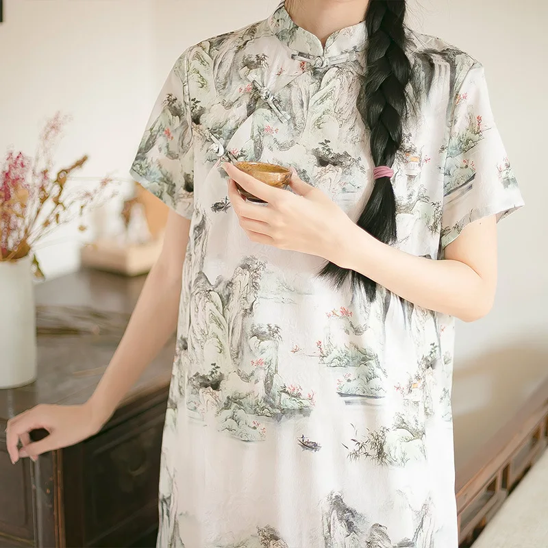 

Landscape Mood Cheongsam Dress Chinese Style New Spring Summer National Wind Loose Plate Buttons Dress Zen