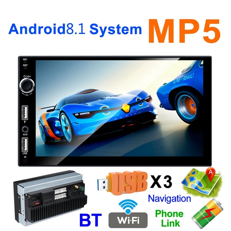 Автомобильный плеер для Android 8,1, 16 Гб памяти, Wifi, Gps, 7 дюймов, кнопка нажатия экрана, Hd, автомобильный Bluetooth Mp5 плеер