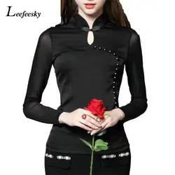 Для женщин топы корректирующие и блузки для малышек осень 2017 г. с длинным рукавом китайский стиль шифоновая блузка плюс размеры черный