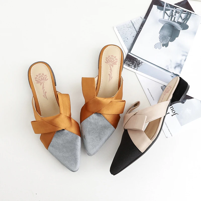 retro velvet mules shoes women luxury brand shoes cut out bow knot