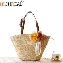 HIGHREAL New Rattan Woven Women Shuolder Bags Two Beautiful Flowers Straw Beach Handbags Design High-Quality Shopping Totes J135
