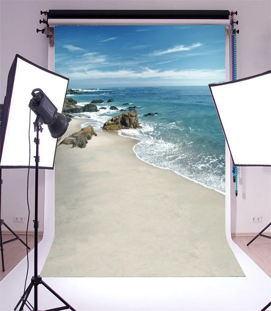 

Photography Backdrop BeachSeaside Stone Rocks Waves Blue Sky White Cloud Nature Romantic Photo Background