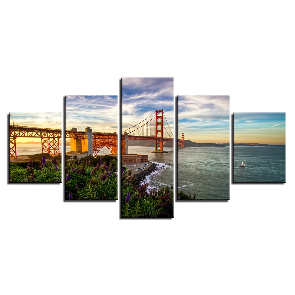 

Modular Posters Wall Art Canvas HD Prints Pictures Home Decor Living Room Room 5 Pieces Golden Gate Bridge Paintings Framework