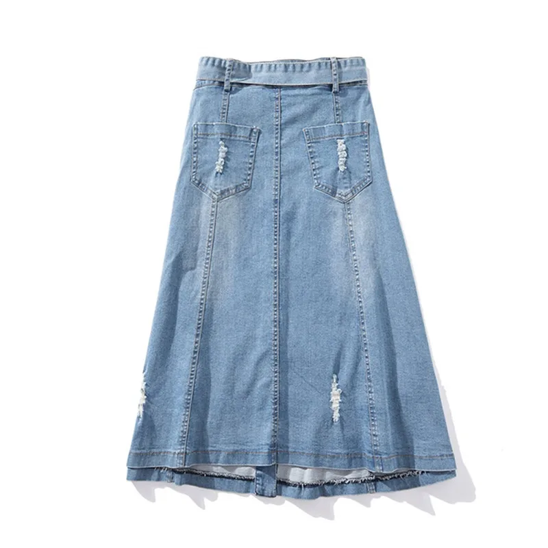 UHYTGF Women skirts Fashion button summer Denim skirt women Belt high waist elegant lady jeans skirt casual plus size skirts 639