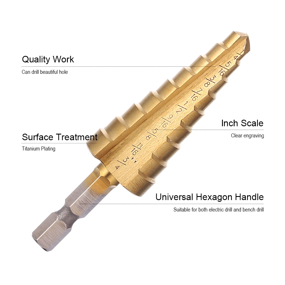 JelBo 3PCS/Set 3/16-1/2 1/4-3/4 1/8-1/2 Step Drill Bit Set  Titanium Coated HSS Hex Shank Step Drill Bit by Power Tool for Metal