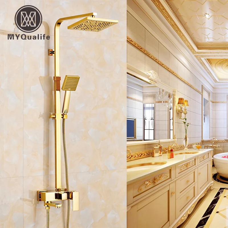 

European Copper Shower Set Faucet Wall Mount Hot and Cold Bath Tub Showers Column Golden 8" Rain Showerhead