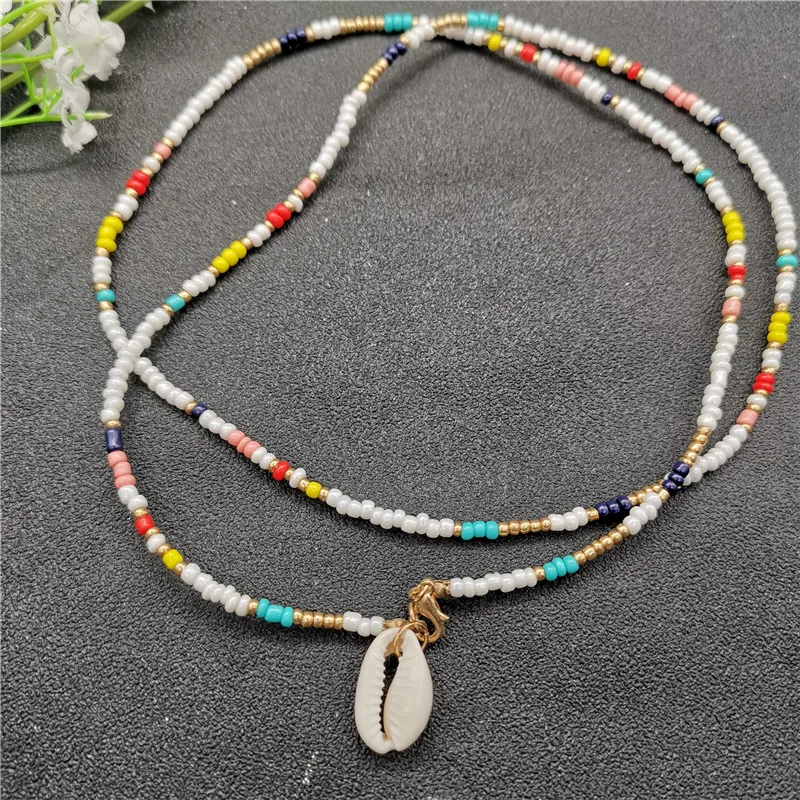 Fashion Colorful Bead Cowrie Shell Choker Necklace for Women Long Chain Pendant Necklace Gold Color Statement Collier Jewelry