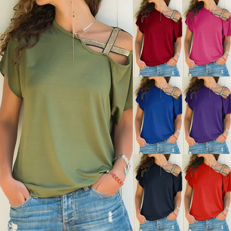

Women Skew Neck Blouse Shirt Summer Irregular Criss Cross Short Sleeves Off Shoulder Solid Tops Blusa Femme One Shoulder Shirt