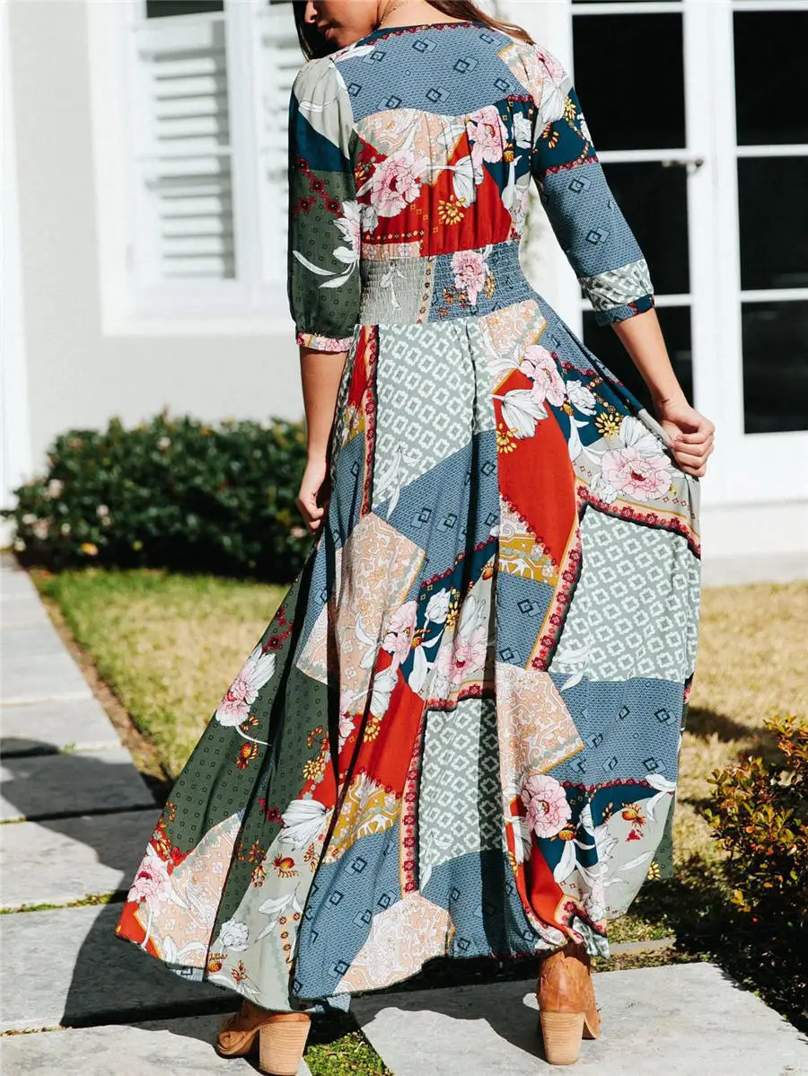 Gladiolus 2019 Spring Summer Dress Women 34 Sleeve V Neck Sexy Floral Print Bohemian Women Maxi Dress Long Beach Ladies Dresses (80)