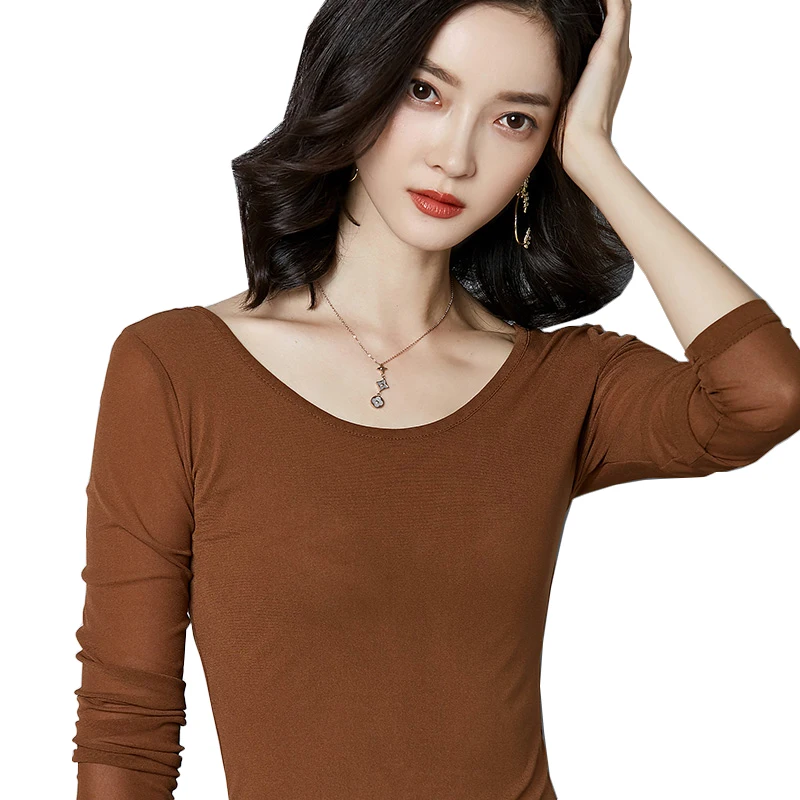

Transparent Mesh Elastic Tops Women Long Sleeve Tight Stretch T-shirts 8 Colors Solid Top Tees Large Size camiseta feminina
