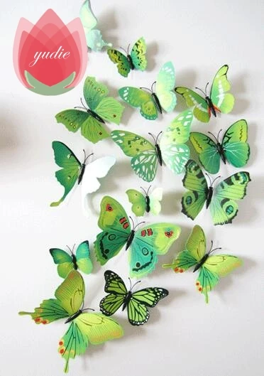 12 шт. DIY Реалистичные 3D многоцветные бабочки на магните на холодильник, магнитные наклейки на стену для детской комнаты, кухни, украшения для дома, Бесплатный клей - Цвет: 3D Green