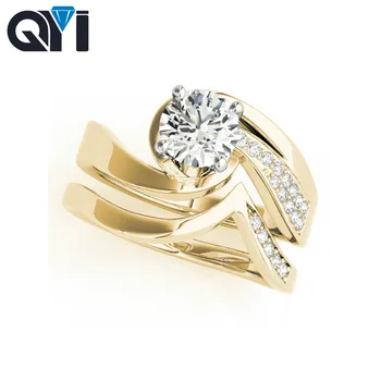 

QYI 14K Solid Yellow Gold Fancy Shape Ring Sets 1ct Round Cut Sona Simulated Diamond Jewelry Engagement Wedding Rings For Women