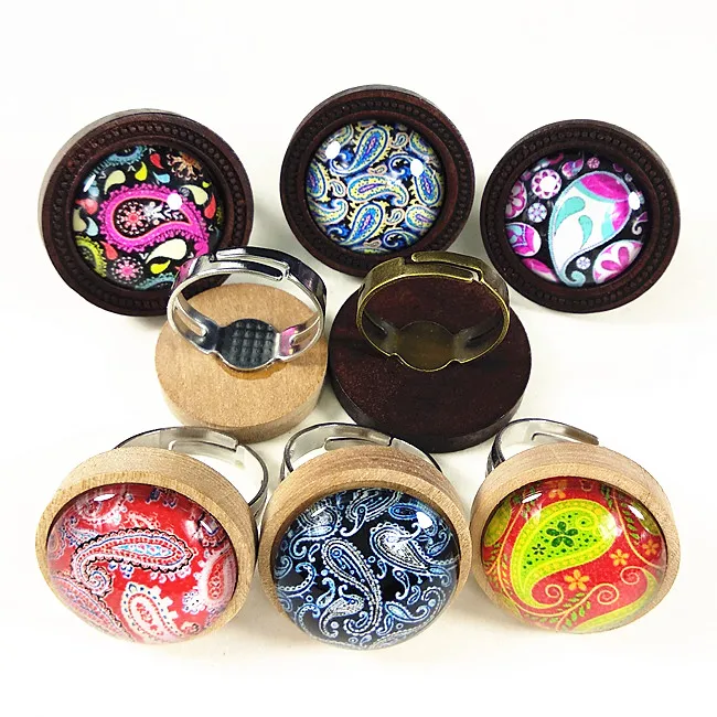 

New ring 24pcs/lot Wood cabochons with Mandala Bandala flowers ,Cashew, Ethnic Wind Glass cabochons finger Rings for girls women