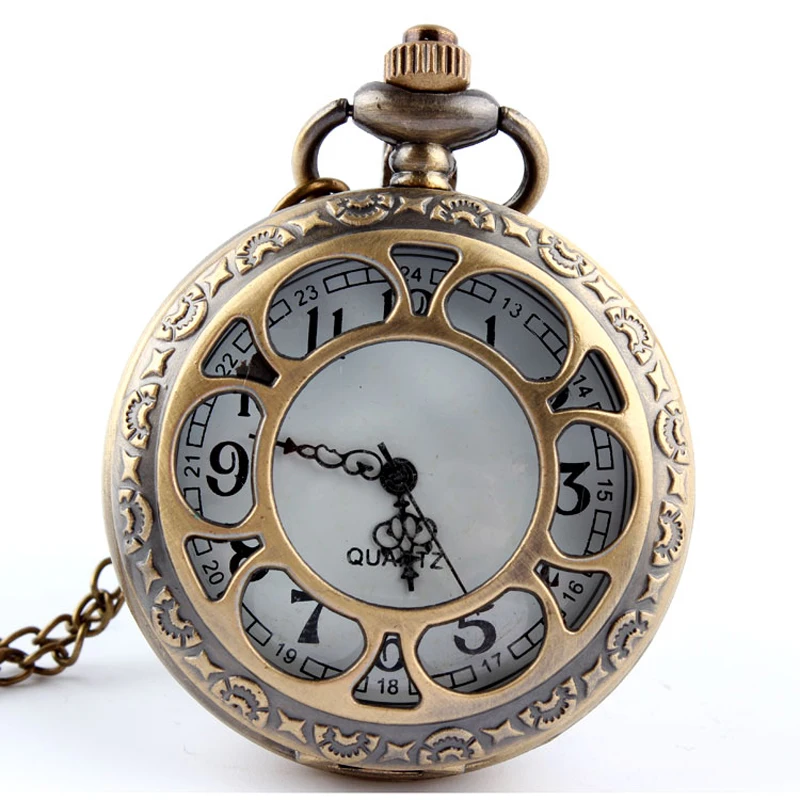Новые Модные полые ретро цветок Бронзовый кварцевые карманные часы Цепочки и ожерелья подвеска брелок цепи Для женщин Для мужчин часы