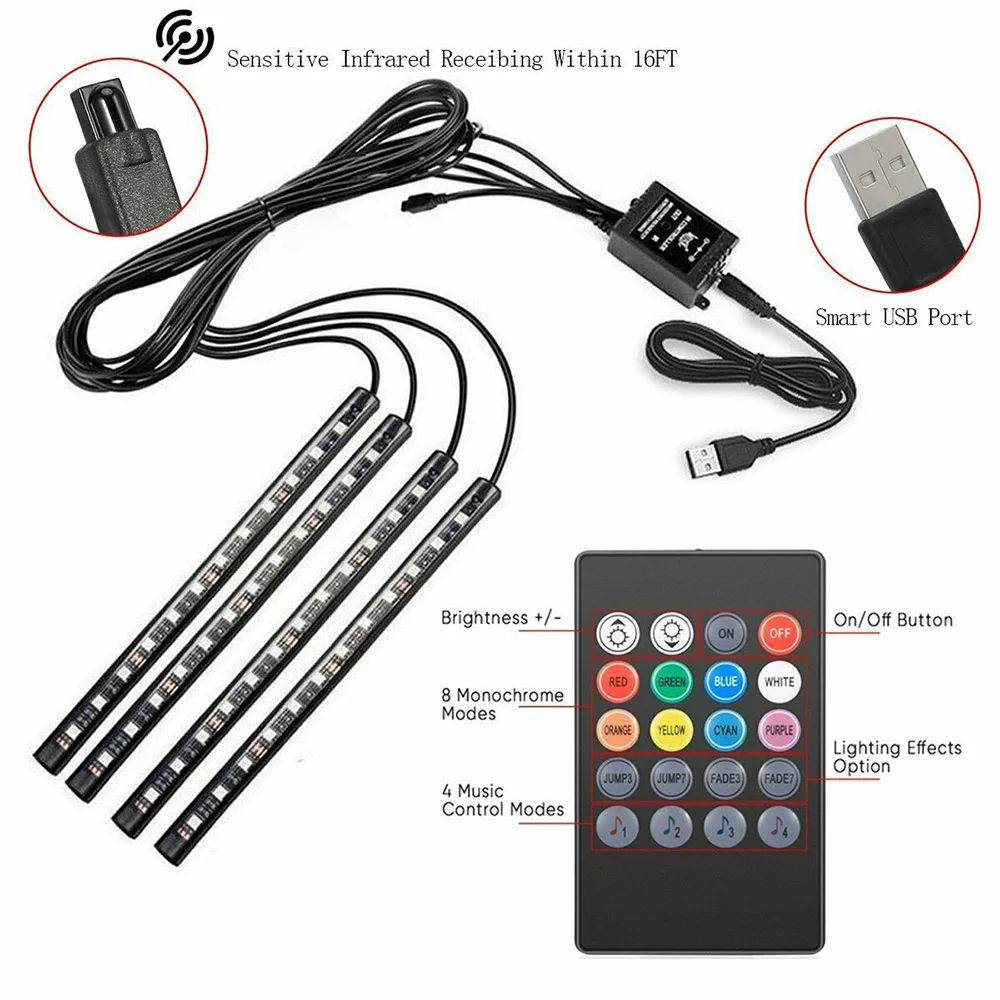 48 LED RGB Atmosphere Interior Footwell Strip Light Decor Lamp KIT USB Port 12V