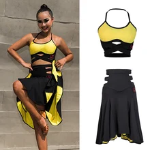 Платье для латинских танцев, желтый сексуальный топ на бретельках, юбка, женская одежда, сальса, Самба, ча-ча, танцевальные костюмы, тренировочная одежда, DN3987