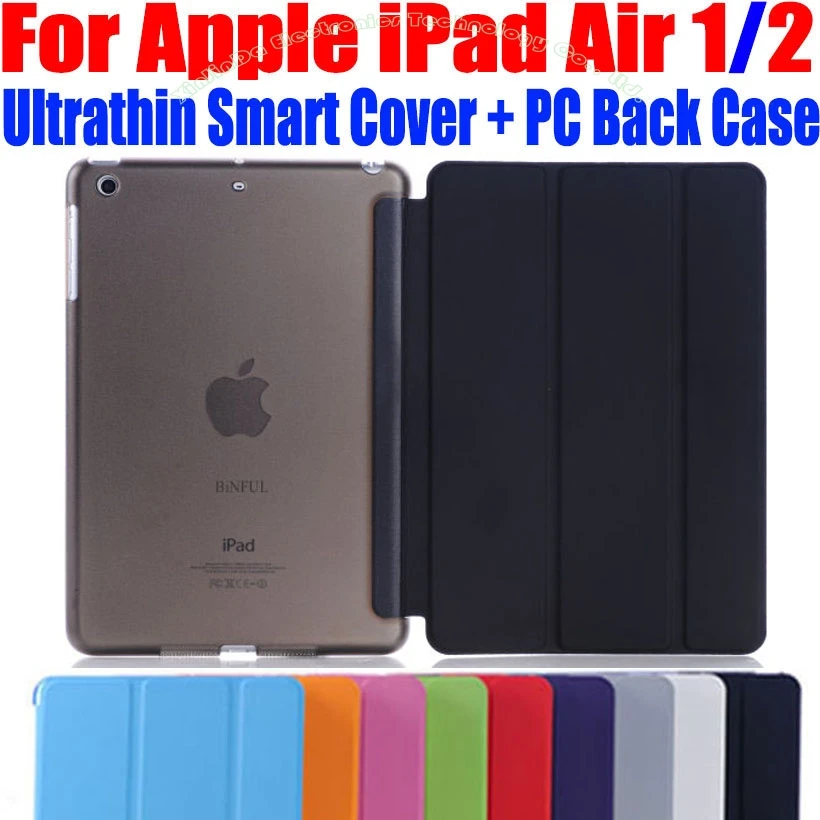 Fashion Ultrathin Smart Cover For iPad Air PU Leather Case + PC translucent back Case for Apple ipad air 1 2 I609