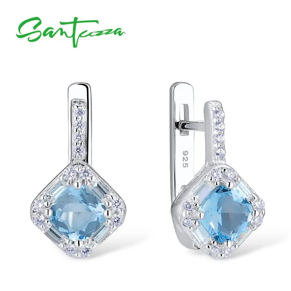 Скидка SANTUZZA, серебряные серьги для женщин, подлинные, 100% 925 пробы, серебро, Ослепительная подушка, голубой кристалл, серьги, модное ювелирное издели...