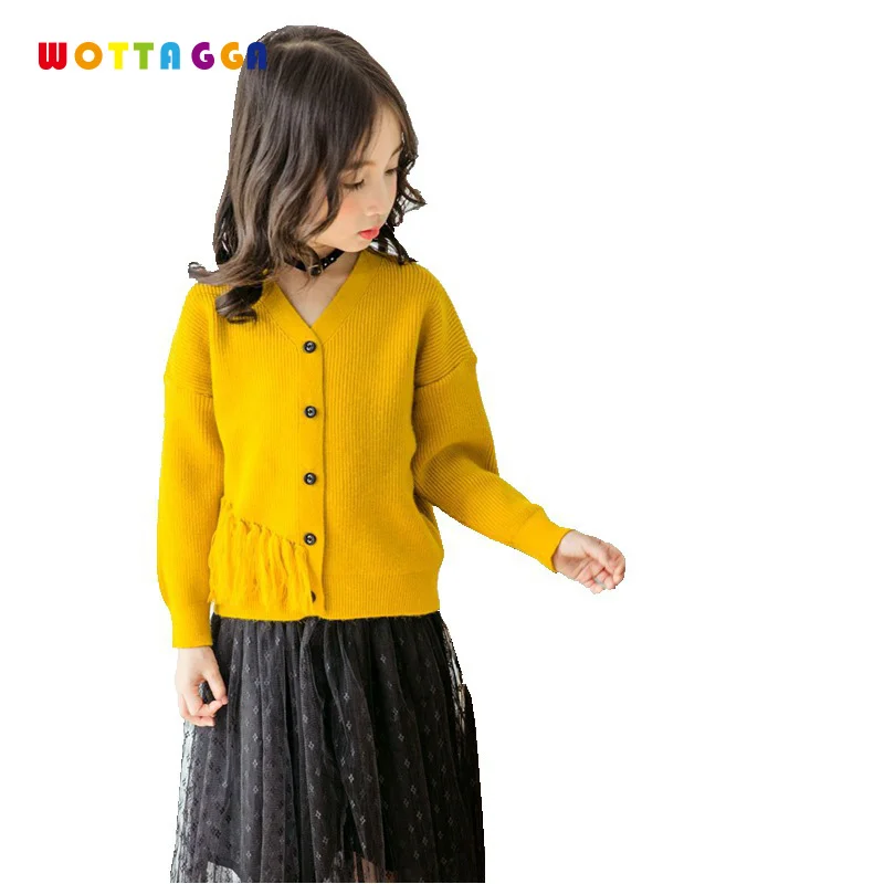 WOTTAGGA 2019 Spring Girls Fashion Knitted Cardigan Tassel Solid Toddler Sweater Girls V-neck New Arrivals