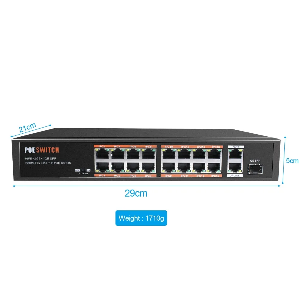 Besder 16CH PoE Switch 1000M Uplink PoE Switch поддержка IEE802.3af/at с 16 PoE портом длиной 250 м передача для ip-камеры с питанием по PoE