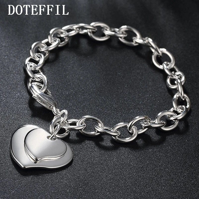 

2019 NEW 925 Solid Silver Fashion Bracelet/Bangle Jewelry Trendy Women Double Heart Charm Bracelets Free Shipping