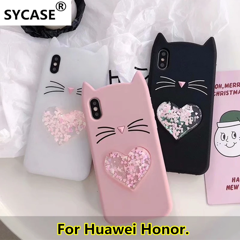 Чехол SY для huawei Honor 8Lite 9 V9 V10 6X животное борода блеск кошачьи ушки жидкое сердце