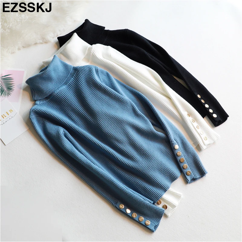 

Autumn winter Women thick Sweater Pullovers long sleeve button Turtleneck chic Sweater Female solid knit top soft warm